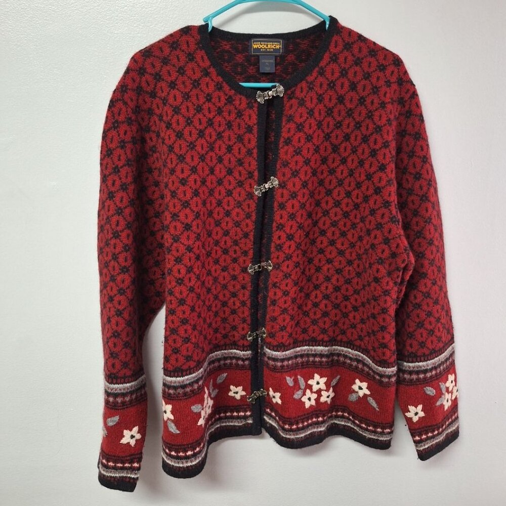 Woolrich Sweater‎ Ruby Red Metal Clasp Womens XL Flowers John Rich